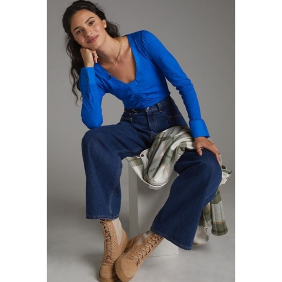 Anthropologie Shirred Top Women King Blue Color Size S - Picture 3 of 12